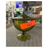 Candlestick Green Lidded Glass Compote With Beaded
