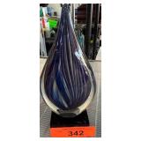 Teardrop Blue Art Glass Sculpture on Stand