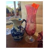 Etched Floral Pink Glass Vase and Blue Pitcher