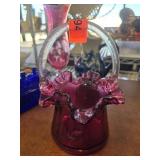 Cranberry Glass Basket With Clear Handle
