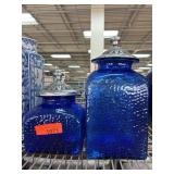 Two Blue Glass Jars with Metal Lids