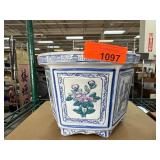Blue and White Ceramic Planter with Floral Designs