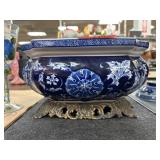 Blue and White Ceramic Bowl with Metal Base