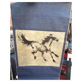 Asian Hanging Scroll with Horse Illustration