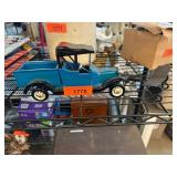 Blue Wooden Toy Truck with Black Metal Cart