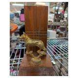Wooden Bookend with Brass-Colored Dog Figurine