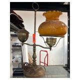 Brass Oil Lamp with Amber Embossed Glass Shade