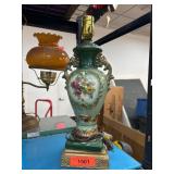 Ornate Green Porcelain Table Lamp With Floral Moti