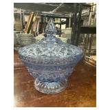 Blue Lidded Glass Compote with Diamond Pattern