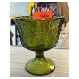 Green Glass Pedestal Compote Bowl with Grape Motif