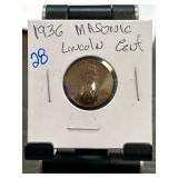 1936 Masonic Lincoln Cent in Holder