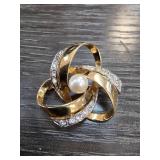 Floral Gold-Tone Brooch with Faux Pearl and Crysta