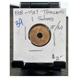 1908-1937 Thailand 1 Satang Coin in Holder