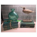 Decor Set with Glass Vase, Books, and Heron Figuri