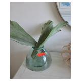 Green Glass Round Vase With Decorative Leaves