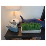 Stacked Whale Sculpture and Faux Grass Arrangement