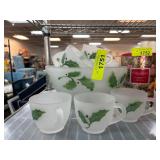 Frosted Glass Bowl and Cups with Holly Design