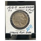 1913-D Type 1 Buffalo Nickel Mint Error