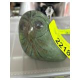 Green Stone Carving With Owl and Floral Design