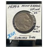 1929-S Mint Error Buffalo Nickel, VF Condition