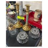 Brass Candlesticks and Glassware