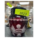 Red Cut to Clear Glass Jar with Lid and Etched Des