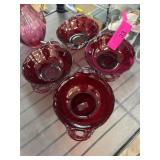 Four Ruby Red Glass Bowls with Handles