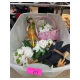 Plastic Bin with Decorative Items and Figurine