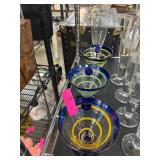 Three Blue and Yellow Glass Bowls