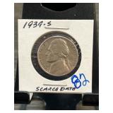 1939-S Jefferson Nickel in Stapled Holder