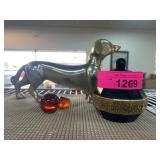 Decorative Brass Dachshund and Black Glass Jar