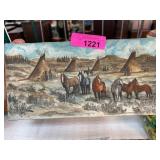 Oil Painting of Indigenous Encampment With Horses