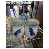 Handcrafted Ceramic Triple-Mug Holder with Blue Fl