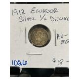 1912 Ecuador Silver 1/2 Decimo Coin