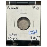 Norwegian 1913 Silver 10 Ore Coin in Holder
