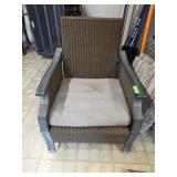 2 Brown Wicker and Metal Patio Armchairs and Table