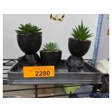 Three Black Ceramic Planters with Faux