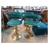 4 Teal Velvet and Brass Bar Stools