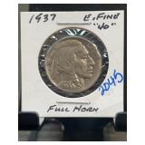 1937 Buffalo Nickel, EF, Full Horn