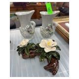 Porcelain Swan Vases and Floral Arrangement