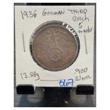 1936 German Third Reich 5 Reichsmark Silver