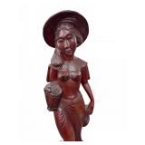 Carved Wood Woman With Basket Statue