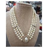 Three-Strand Faux Pearl Necklace with Brooch