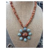 Stone Bead Necklace With Floral Pendant