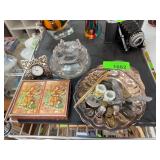 Table Lot: Decorative Clock, Trinkets, Dish