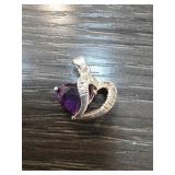 Sterling Silver Heart Pendant with Purple Gem