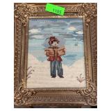 Framed Needlepoint Boy in Snow Scene