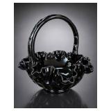 Fenton Thumbprint Black Ruffled Glass Basket