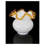 Fenton Amber Crest Ruffled Squat Vase