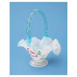 Fenton Glass Hand-Painted Aquamarine Satin Basket
